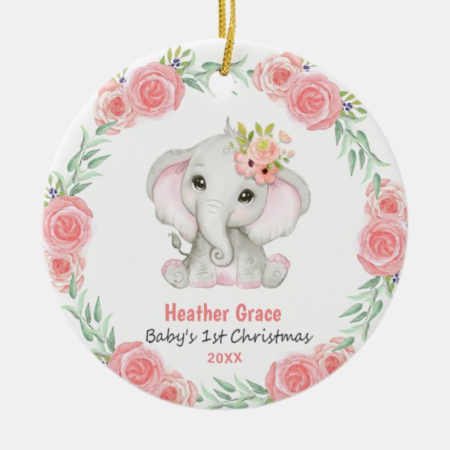 Babys First Christmas Girls Elephant Personalized Ceramic Ornament (Front)