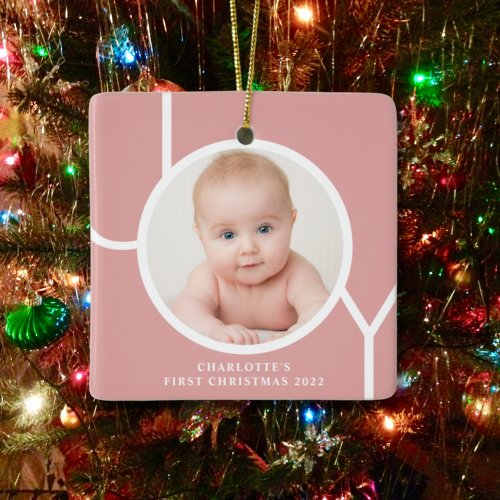 Babys First Christmas Girls Pink Photo Ceramic Ornament