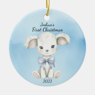 Baby's First Christmas Goat Blue Personalized Ceramic Ornament