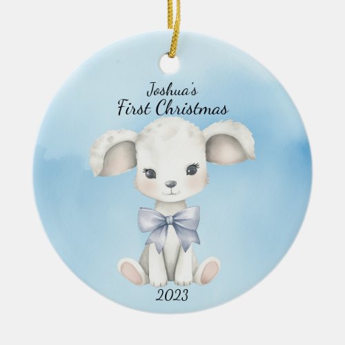 Babys First Christmas Goat Blue Personalized Ceramic Ornament