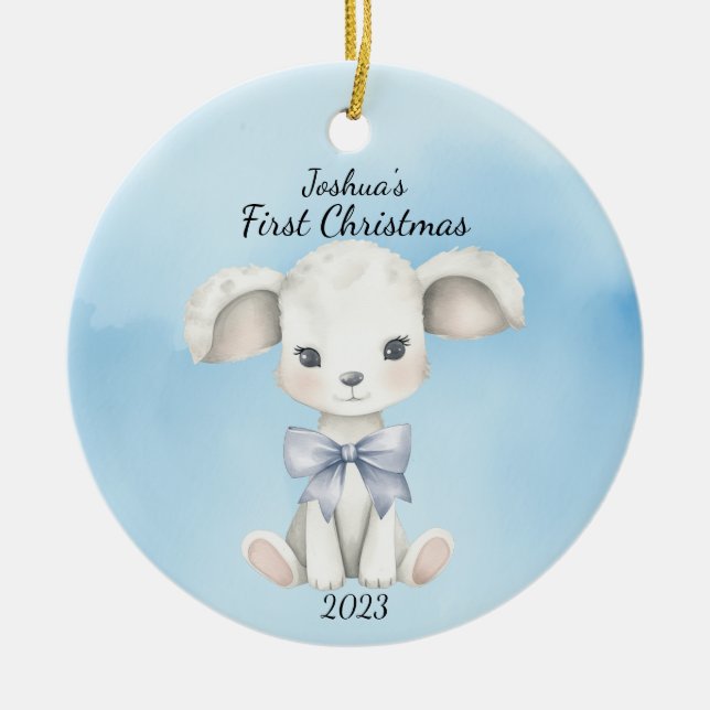 Baby's First Christmas Goat Blue Personalized Ceramic Ornament (Front)