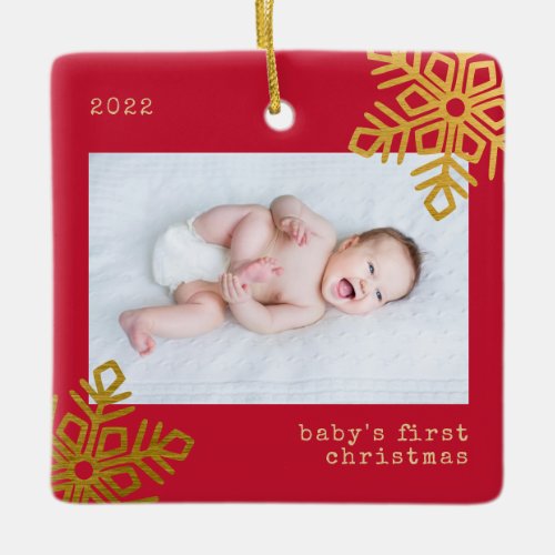 Babys First Christmas Gold Foil Snowflake Photo  Ceramic Ornament