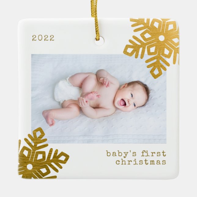  Baby's First Christmas Gold Foil Snowflake Photo Ceramic Ornament (Front)