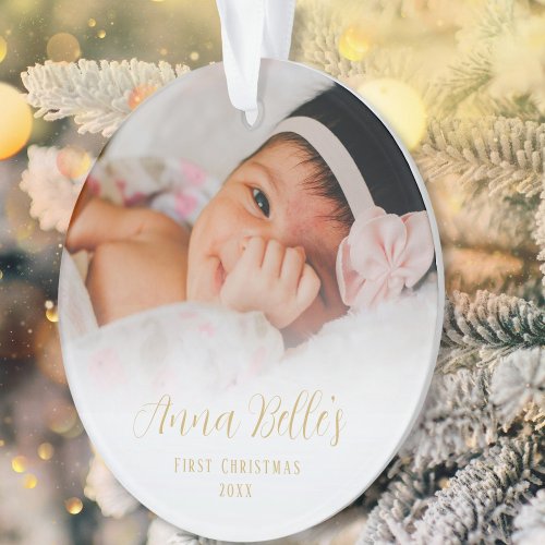 Babys First Christmas gold script Ornament