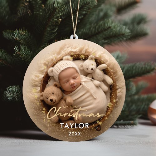 Babys First Christmas Gold Snowflakes Baby Stats Ceramic Ornament