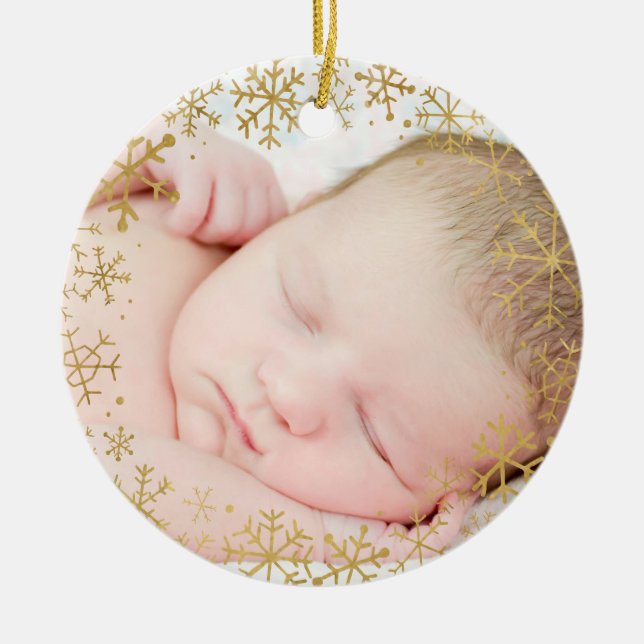 Babys First Christmas Gold Snowflakes Custom Ceramic Ornament (Front)