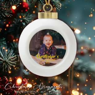 Babys First Christmas Gold Sparkle Stars Photo Ceramic Ball Christmas Ornament