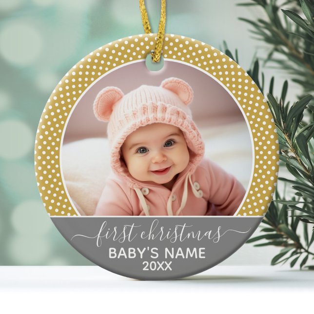 Babys First Christmas - gray yellow dots Ceramic Ornament (Personalized Photo Ornament - Baby's First Christmas)