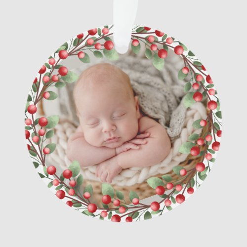 Babys First Christmas Green Holiday Wreath Photo  Ornament