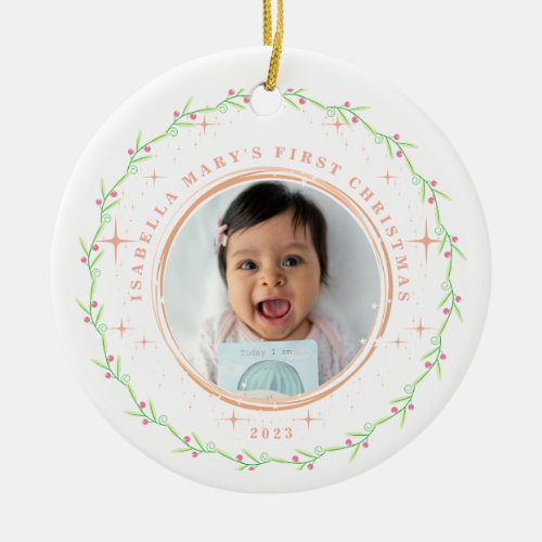 Babys First Christmas Green Pink Photo Ornament