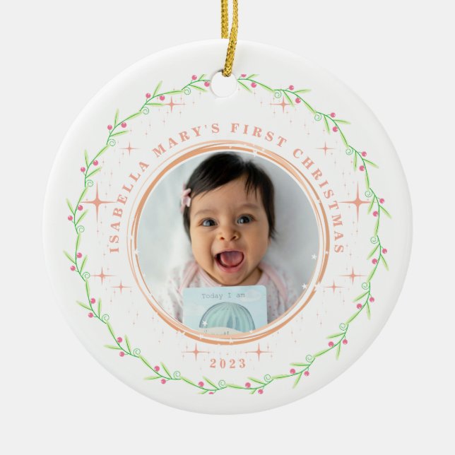 Baby's First Christmas Green Pink Photo Ornament (Front)