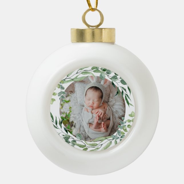 Baby's first christmas green plant frame  ceramic ball christmas ornament (Front)