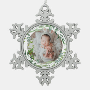 Baby's first christmas green plant frame snowflake pewter christmas ornament