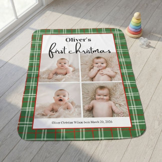 Baby's First Christmas Green Red Plaid 4 Photo Baby Blanket