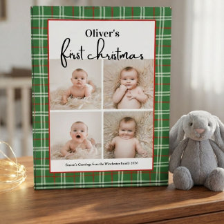 Baby's First Christmas Green Red Plaid 4 Photo Block