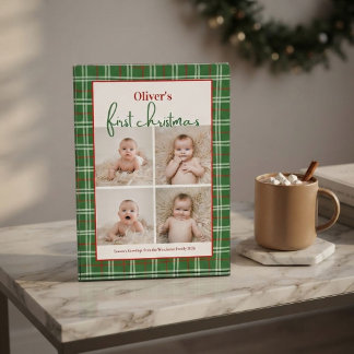 Baby's First Christmas Green Red Plaid 4 Photo Block