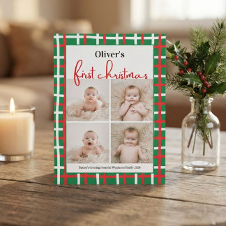 Baby's First Christmas Green Red Plaid 4 Photo Invitation