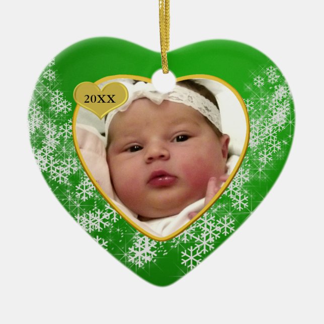 Baby's First Christmas Green Snowflake Photo Ceramic Ornament (Front)
