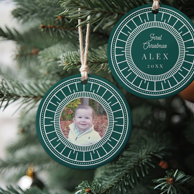 Baby's First Christmas Green & White Photo Ceramic Ornament (Creator Uploaded)