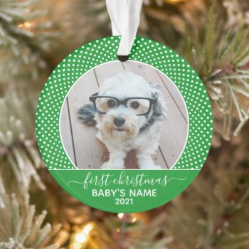 Baby's First Christmas - Green White Polka Dot Ornament by MarshBaby at Zazzle