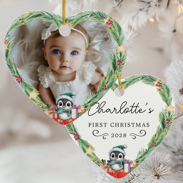 Baby's First Christmas – Heart & Penguin Photo Ceramic Ornament (Creator Uploaded)