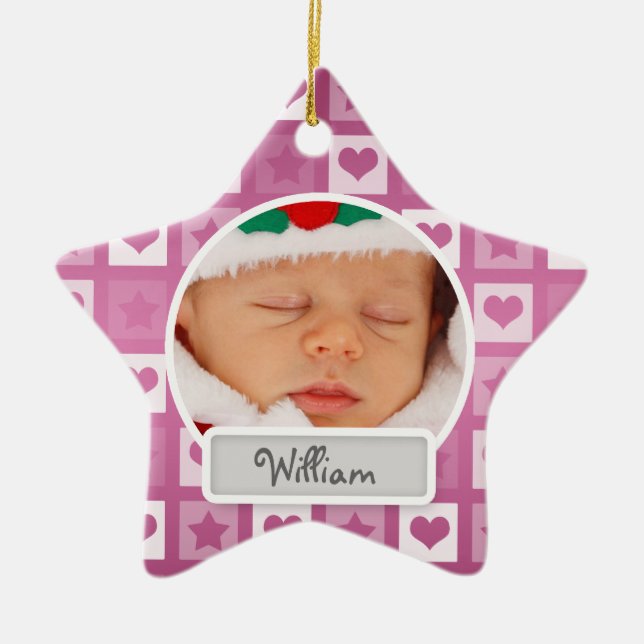 Baby's First Christmas Hearts & Stars Pink Ceramic Ornament (Front)