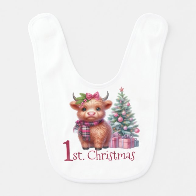 Baby's First Christmas Highland Cow Tree Baby Bib (Front)
