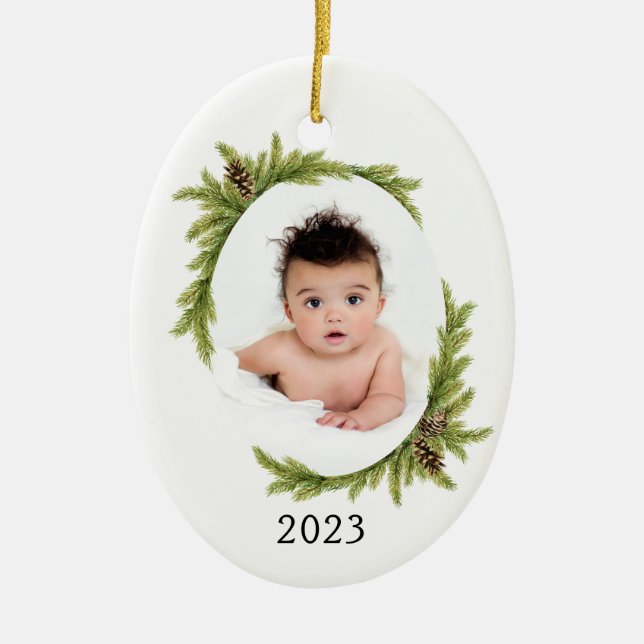 Baby's First Christmas Holiday Photo and Year Ceramic Ornament (Front)