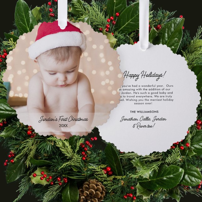 Baby's First Christmas Holiday Photo Custom Text  Ornament Card (Creator Uploaded)