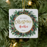 Baby's First Christmas Holly Berries Wreath Photo Ceramic Ornament<br><div class="desc">Baby's First Christmas Holly Berries Wreath Photo Ceramic Ornament</div>