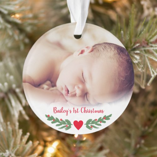 Babys First Christmas Holly Branch Berries Photo Ornament