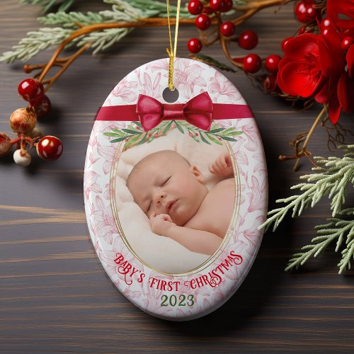 Babys First Christmas I Pink Red Girl Name Photo Ceramic Ornament