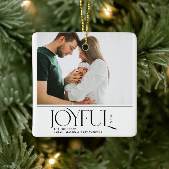 Babys First Christmas Joyful Birth Announcement Ceramic Ornament (Tree)