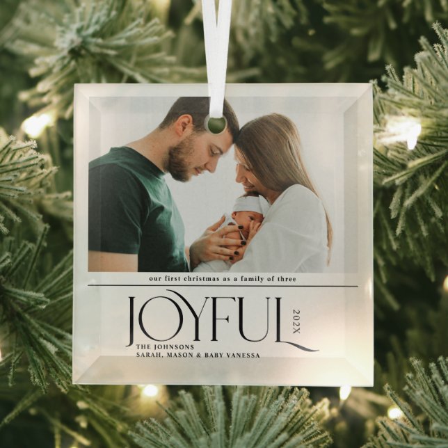 Babys First Christmas Joyful Birth Announcement Glass Ornament (Insitu)