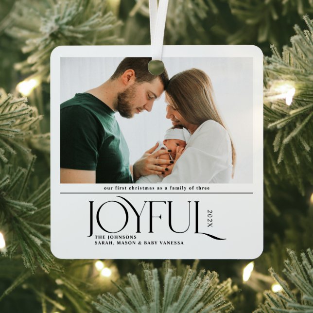 Babys First Christmas Joyful Birth Announcement Metal Ornament (Insitu)