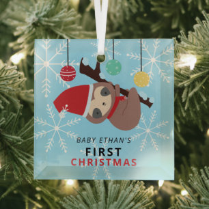 Baby's First Christmas Kawaii Sloth Winter Holiday Glass Ornament