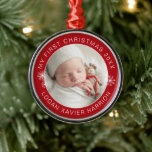 Baby's First Christmas Keepsake Photo Metal Ornament<br><div class="desc">Modern keepsake baby's first Christmas personalize ornament in curve letters and line art of snowflakes overlaying a festive red with your favorite photo.</div>