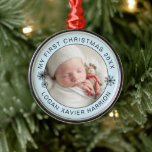 Baby's First Christmas Keepsake Photo Metal Ornament<br><div class="desc">Modern keepsake baby's first Christmas personalize ornament in curve letters and line art of snowflakes overlaying a baby blue with your favorite photo.</div>