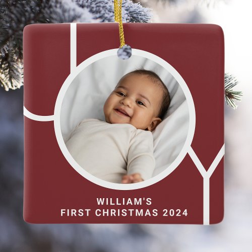 Babys First Christmas Keepsake Photo Red Ceramic Ornament