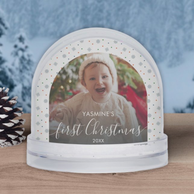 Baby's first Christmas keepsake snowflakes photo Snow Globe (Personalized white snowflakes Baby's first Christmas keepsake with custom photo and text)