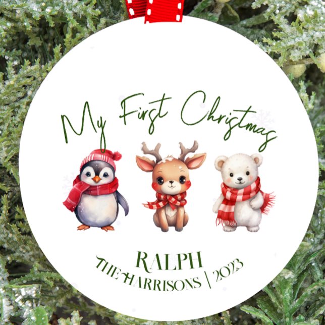 Baby's First Christmas Kids Christmas Animals Name Ceramic Ornament (first Christmas Christmas tree flat bauble)