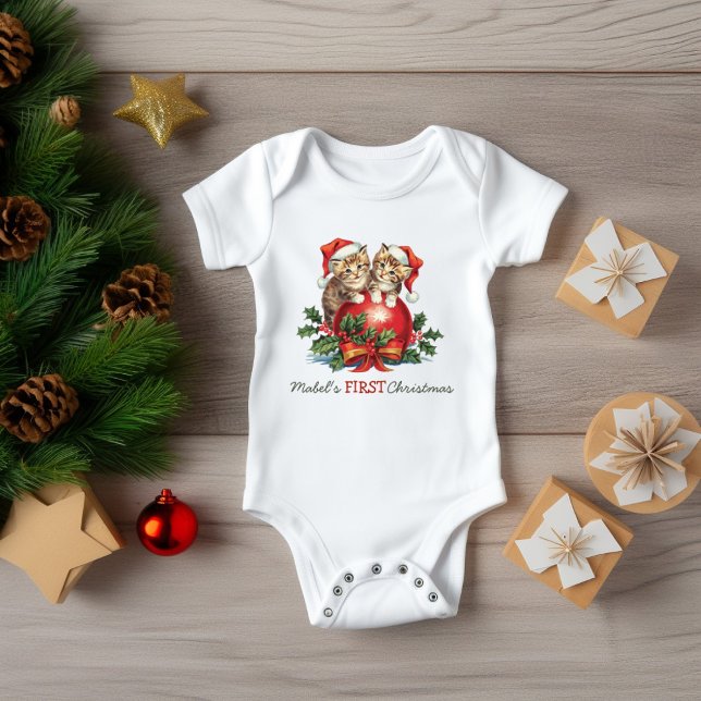 Baby's First Christmas Kittens Holly Ball Baby Bodysuit (Creator Uploaded)