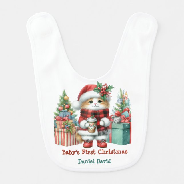 Baby's First Christmas Kitty Lumberjack Baby Bib (Front)