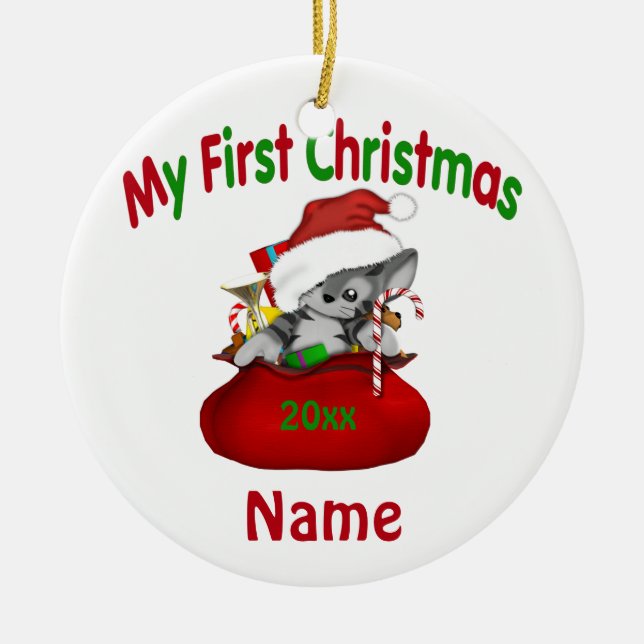 Babys First Christmas Kitty Personalized Ceramic Ornament (Front)