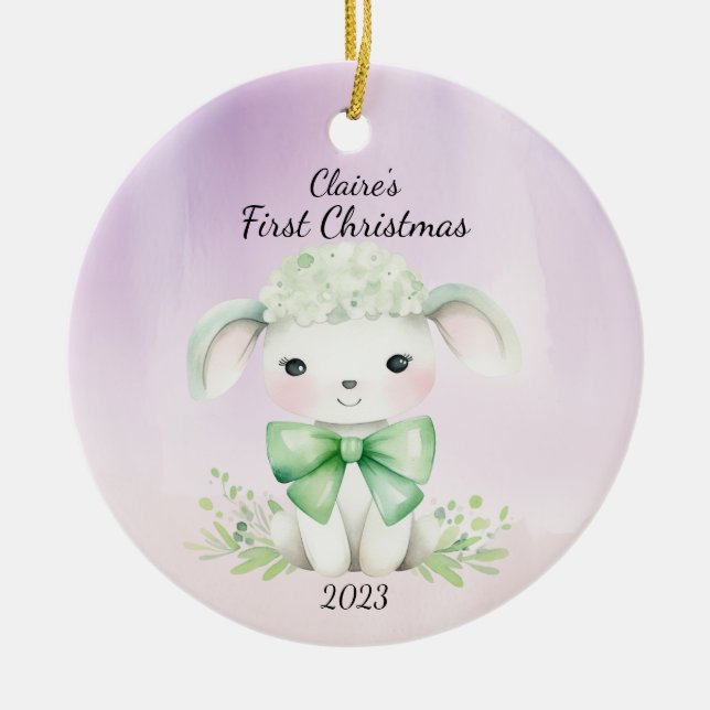 Baby's First Christmas Lamb Personalized Ceramic Ornament (Front)