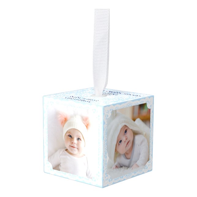 Baby's First Christmas | Light Blue Multi Photo Cube Ornament (Front Angled)