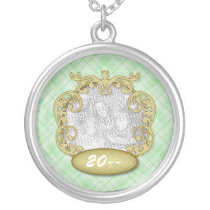 Baby's First Christmas Light Green Plaid Silver Plated Necklace