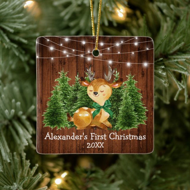Baby's First Christmas Lights Deer Green Bow Ceramic Ornament (Tree)