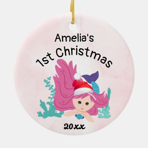 babys first christmas mermaid 2023 Pink Custom  Ceramic Ornament