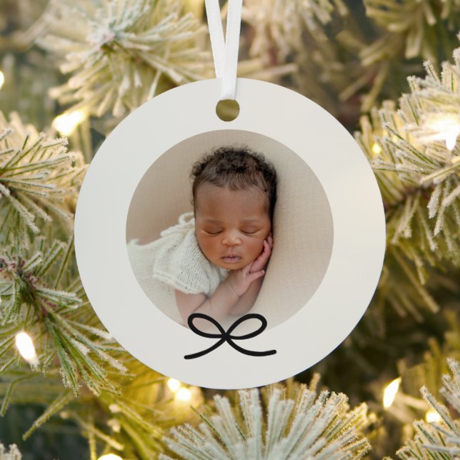 Baby's First Christmas Minimal Black Bow Photo Metal Ornament (Insitu)